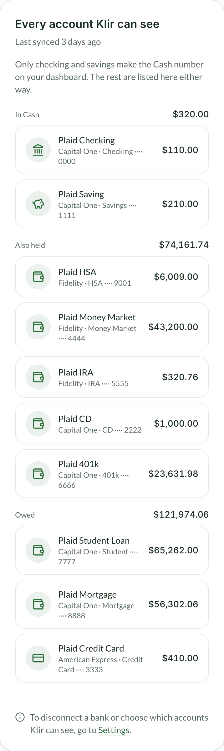 Klir's accounts page, headed Every account Klir can see, listing ten accounts from Capital One, Fidelity and American Express under three headings: In Cash $320.00, Also held $74,161.74, and Owed $121,974.06.