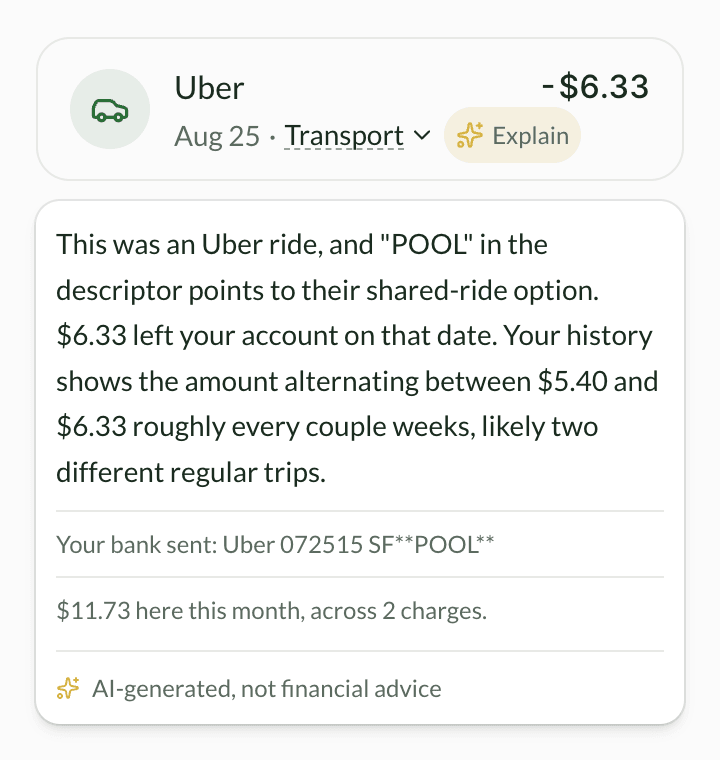 A charge from Uber for $6.33 with an Explain button, and Klir's plain-English answer underneath: what POOL means, what left the account, and what that merchant has cost this month.