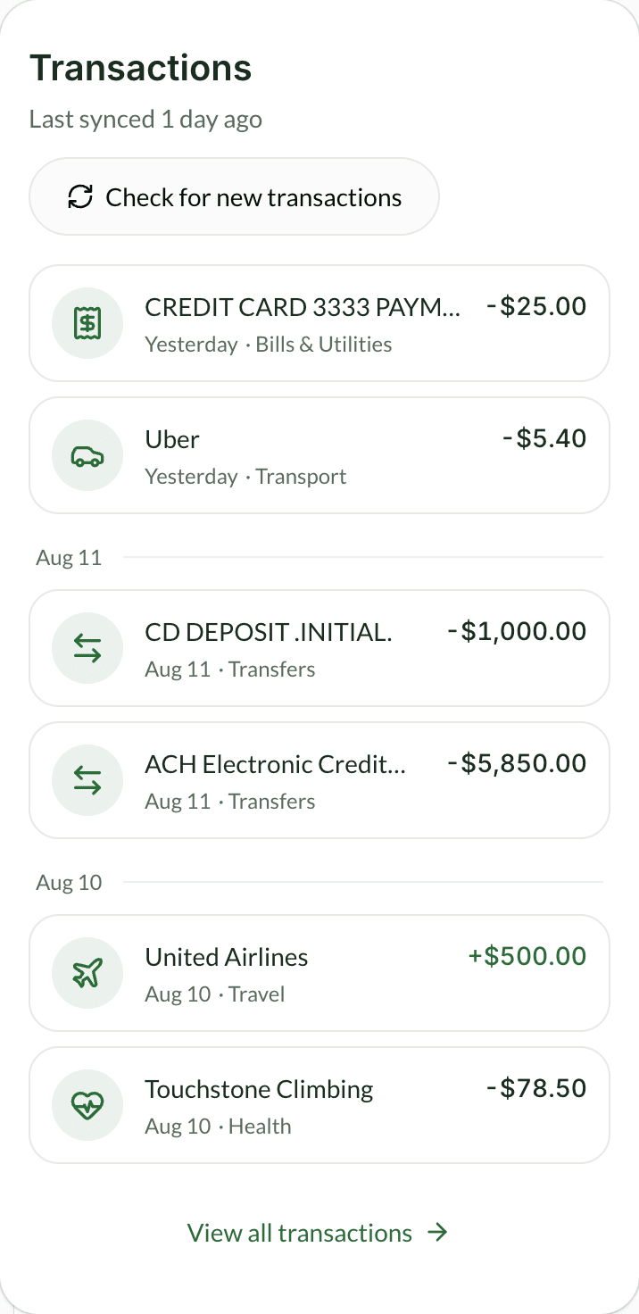 Klir's transaction list showing a charge listed only as CREDIT CARD 3333 PAYM at minus $25.00 and Uber at minus $5.40 under Yesterday, then CD DEPOSIT .INITIAL. at minus $1,000.00 and ACH Electronic Credit at minus $5,850.00 under Aug 11, and United Airlines at plus $500.00 under Aug 10.